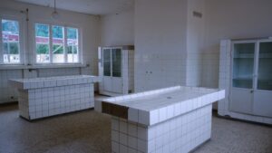 Interior room with tiled tables at Sachsenhausen Memorial