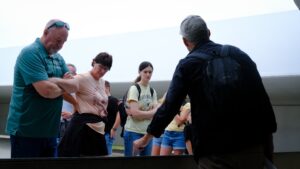 Visitors at the Sachsenhausen concentration camp memorial and museum