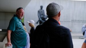 visitors at the Sachsenhausen concentration camp memorial and museum