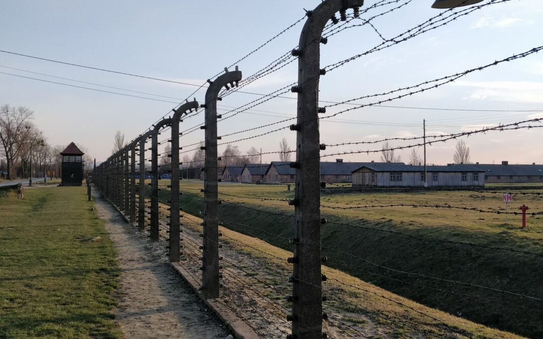 Die Stacheldrahtzäune und Baracken von Auschwitz-Birkenau